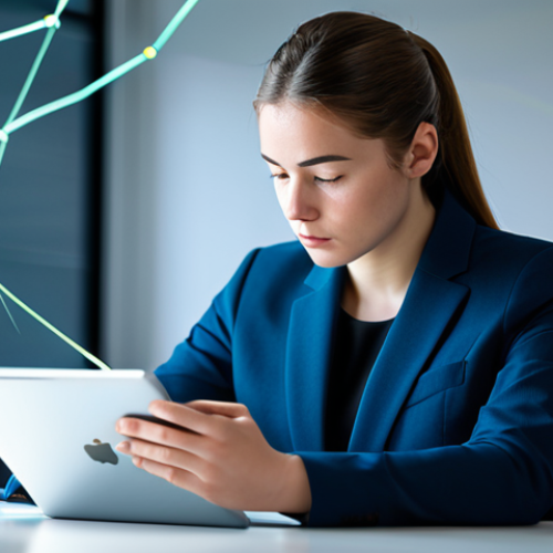 Home 6 A focused young adult, professionally dressed in a modest business suit, sits at a modern, clean desk in a minimalist office setting, looking at a tablet or laptop screen with a slightly concerned but contemplative expression. The background is blurred, with abstract, luminous lines and glowing nodes subtly flowing, conveying the pervasive nature of digital data. Soft, ambient office lighting. Professional photography, high-resolution, sharp focus on the subject, perfect anatomy, correct proportions, natural pose, well-formed hands, proper finger count, natural body proportions. safe for work, appropriate content, fully clothed, professional, modest, family-friendly.