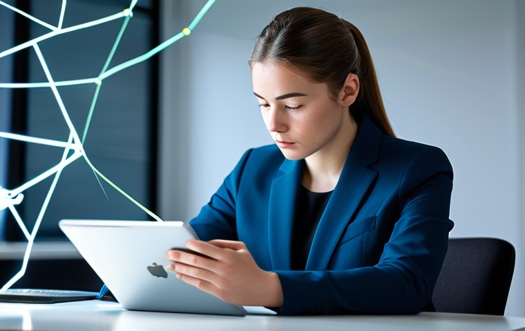 A focused young adult, professionally dressed in a modest business suit, sits at a modern, clean desk in a minimalist office setting, looking at a tablet or laptop screen with a slightly concerned but contemplative expression. The background is blurred, with abstract, luminous lines and glowing nodes subtly flowing, conveying the pervasive nature of digital data. Soft, ambient office lighting. Professional photography, high-resolution, sharp focus on the subject, perfect anatomy, correct proportions, natural pose, well-formed hands, proper finger count, natural body proportions. safe for work, appropriate content, fully clothed, professional, modest, family-friendly.