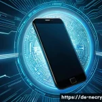 모바일 기기의 암호화 기술 - A sleek, modern smartphone, centrally placed, is enveloped in a shimmering, ethereal blue digital sh...