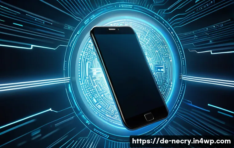모바일 기기의 암호화 기술 - A sleek, modern smartphone, centrally placed, is enveloped in a shimmering, ethereal blue digital sh...