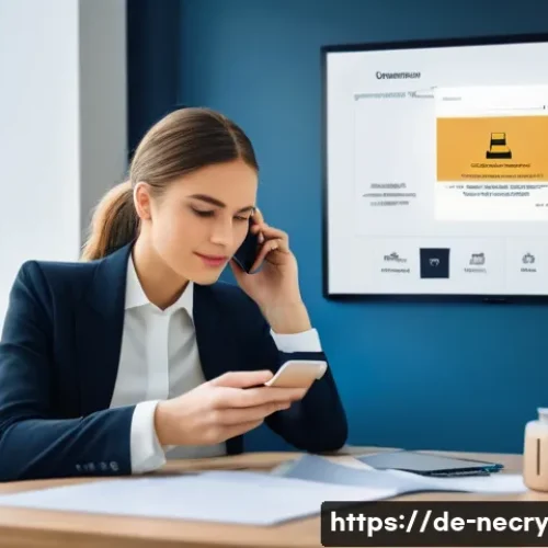 스마트폰 스팸 문자 차단 방법 - A modern German office environment with a young professional woman sitting at a desk using a smartph...