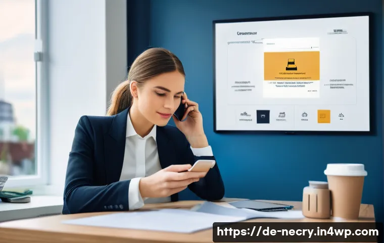 스마트폰 스팸 문자 차단 방법 - A modern German office environment with a young professional woman sitting at a desk using a smartph...