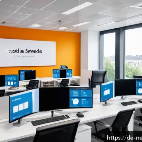 모바일 디바이스 관리의 중요성 - A modern office environment in Germany showcasing a diverse team of professionals managing multiple ...