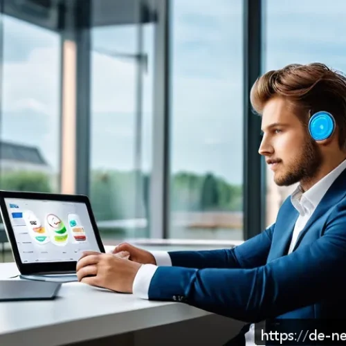 스마트폰에서의 안전한 블루투스 사용법 - A modern German office environment with a young professional man wearing casual business attire, sit...