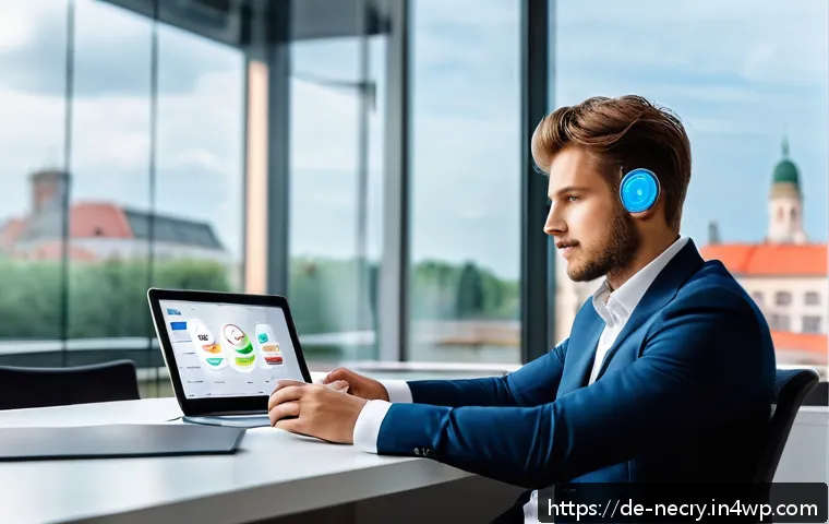스마트폰에서의 안전한 블루투스 사용법 - A modern German office environment with a young professional man wearing casual business attire, sit...