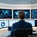 모바일 기기에서의 인공지능 활용 보안 - A high-tech mobile device security control center in a modern German office setting, featuring a cyb...