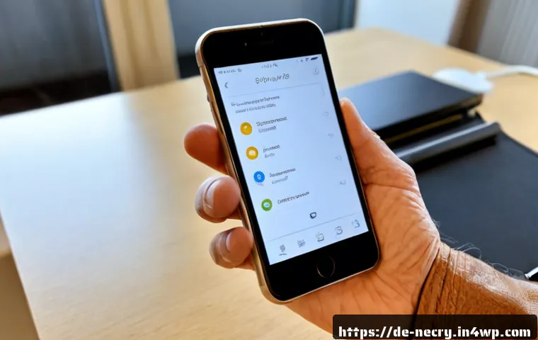 스마트폰 보안 취약점 업데이트 방법 - Photorealistic close-up of a modern smartphone held by an older German adult at a tidy home office d...